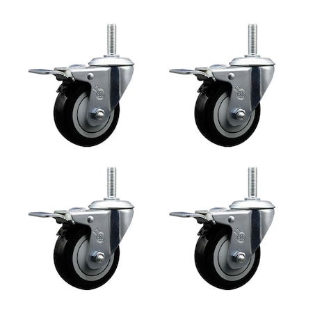 Service Caster 4 Inch Black Polyurethane Swivel 58 Inch Threaded Stem Caster Set with Total Lock Brake SCC-TSTTL20S414-PPUB-BLK-58212-4